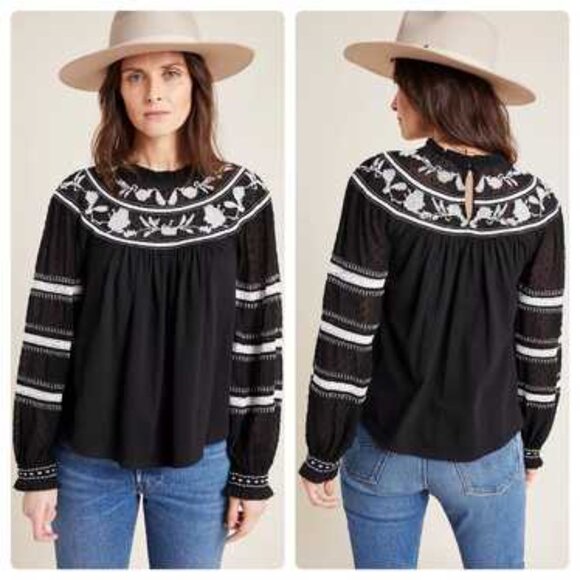 Anthropologie Embroidered Boho Puff Sleeve Top - Picture 1 of 10